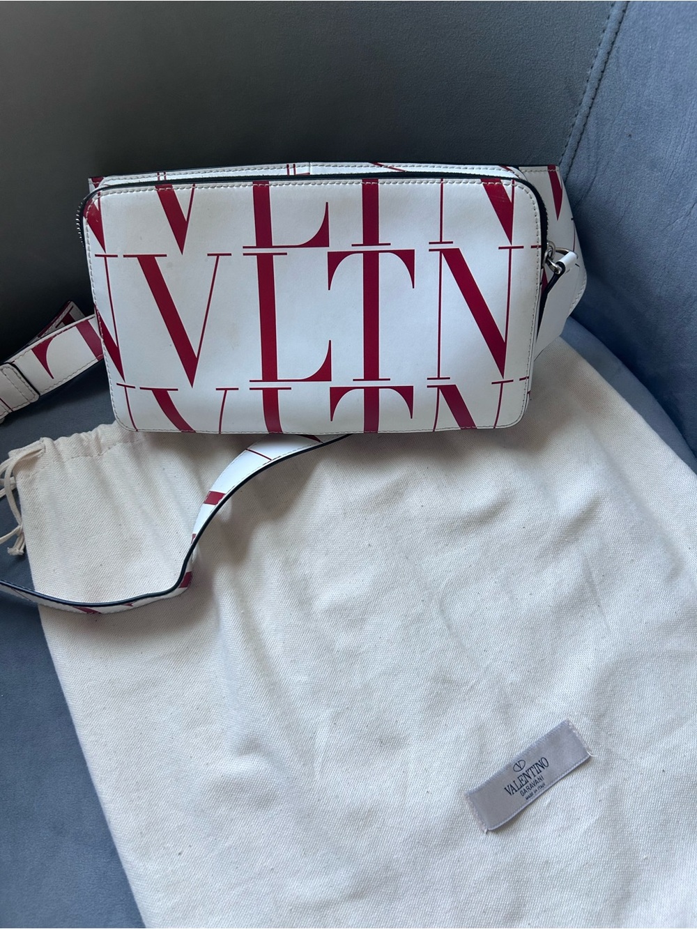 Valentino Garavani White and Red VLTN Logo Crossbody Bag